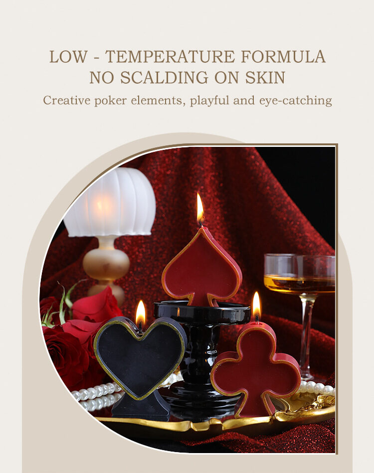 Elevate intimacy with our hand-poured, skin-safe soybean wax candle. Designed for sensual wax play, this 500cc, 120g candle (10x10x5cm) comes in Red, Black, Heart, Diamond, Spade, or Plum. Its low-temperature formula and arousing fragrance create a passionate atmosphere for adventurous couples.